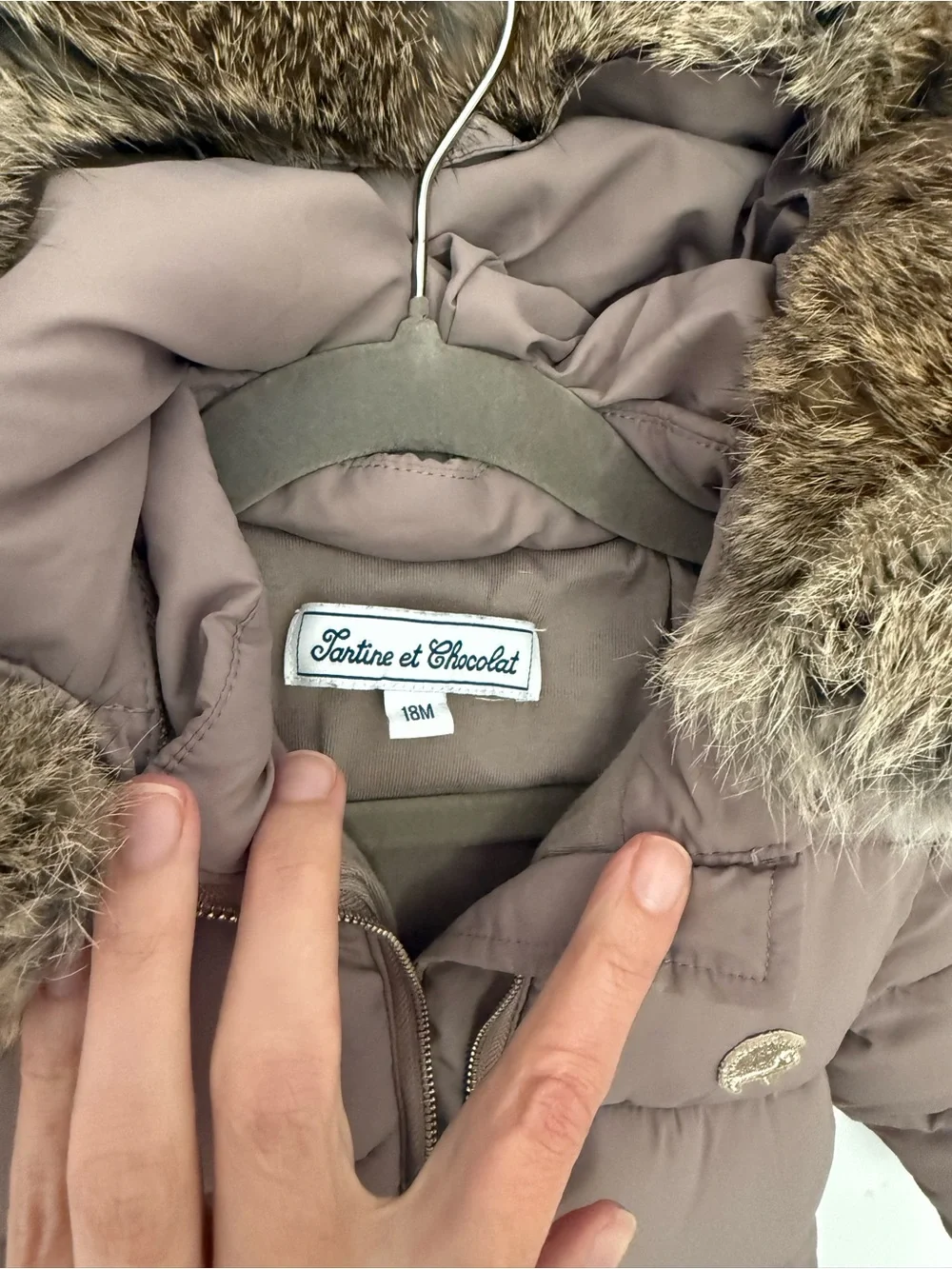 Tartine et Chocolat Taupe Quilted Baby Puffer with Real Fur Trim
